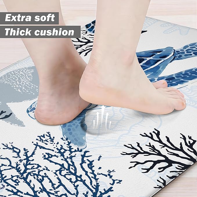 Coastal Beach Kitchen Floor Mat Rugs Nautical Decorative Coral Sea Turtle Kitchen Rugs Anti Fatigue Mats Non-Slip Comfort Standing Cushioned for Kitchen 17.3" 28" + 17.3" x 47" Set 2 Pcs Navy Blue
