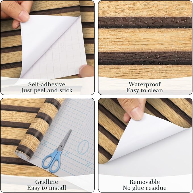 Arthome 17''x393'' Wood Slat Wallpaper Peel and Stick self Adhesive Wood Wallpaper PVC Vinyl Decorative Removable Wallpaper Waterproof Faux Wood Grating Stripe Contact Paper for Living Room Bedroom
