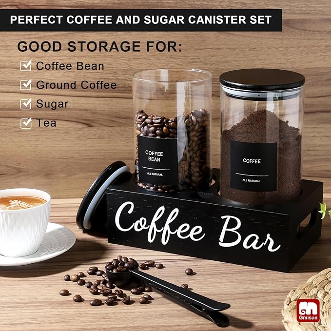 gmisun Coffee Container, 2 Pcs 50 Fl oz Airtight Bean Storage Canister, Black Glass Ground Coffee and Sugar Jar Set with Scoop/Shelf/Labels, Sugar/Tea Holder Containers for Cafe Bar Countertop