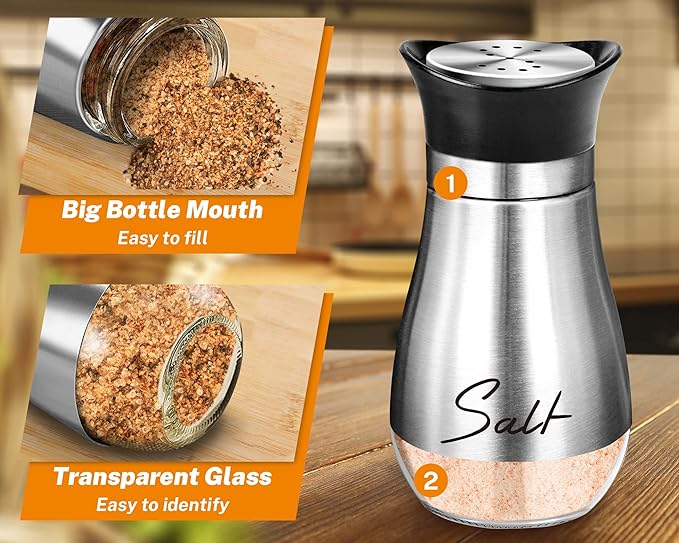 Salt Shakers and Pepper Set,4 oz Glass Bottom Salt Pepper Shaker with Stainless Steel Lid for Kitchen Gadgets Cooking Table, RV, Camp,BBQ Refillable Design (Silver)