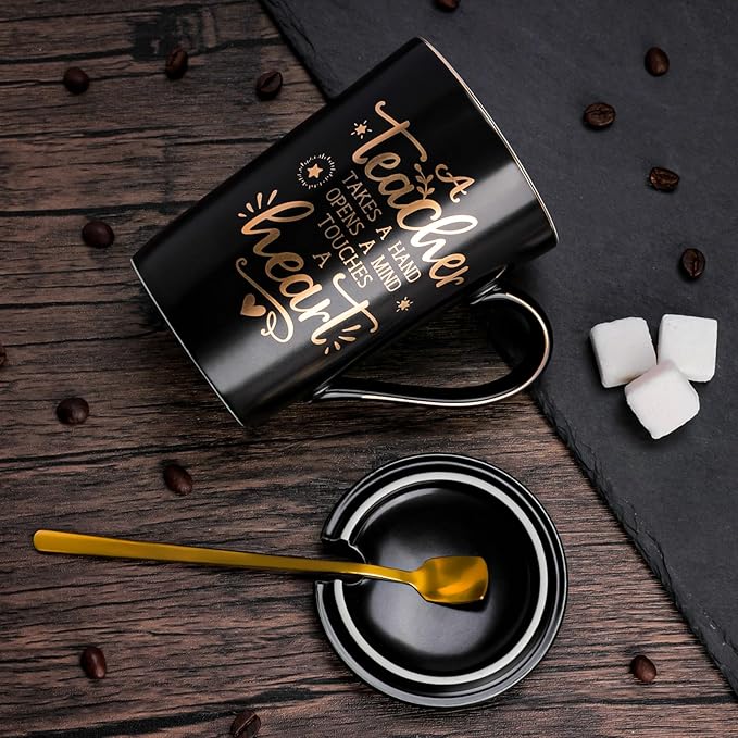 Best Teacher Appreciation Gifts for Men Women, 14oz Unique Black Ceramic Teacher Coffee Mug with Gold Print, Valentine Presents for Teachers Graduation Retirement, with Lid Spoon Card, Nice Gift Boxed