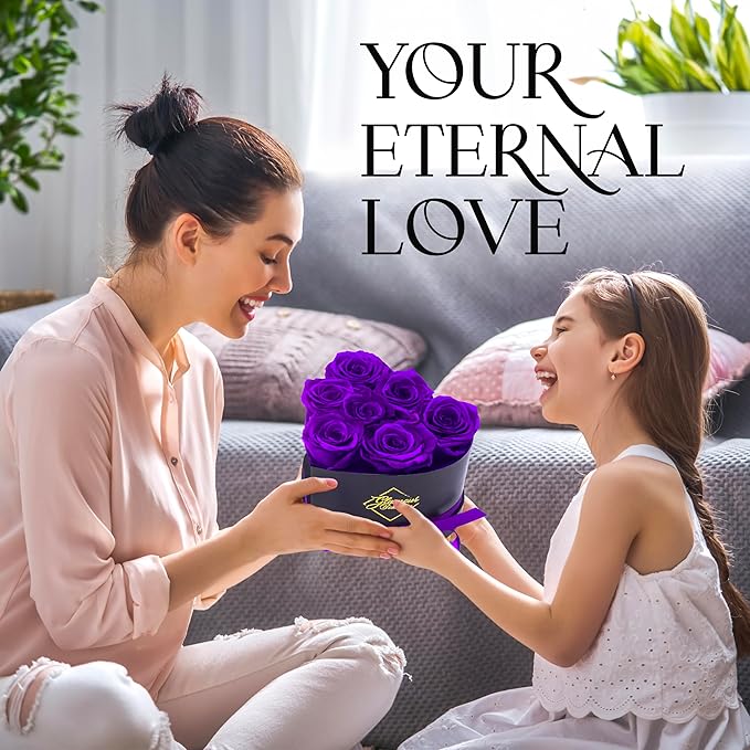 GLAMOUR BOUTIQUE 7 Flower Forever Heart Shape Box, for Mom, Eternal Preserved Roses Gift for Her, Him, Lasting Flowers Bouquet, for Birthday, Anniversary, Purple (Color-Treated)