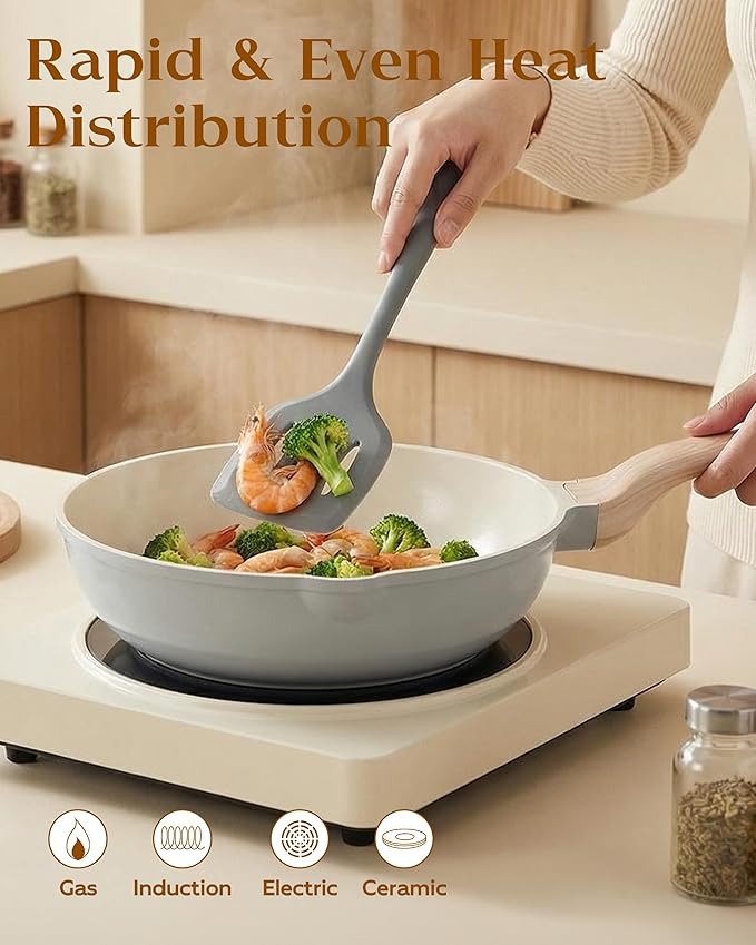 FDN 16Pcs Titanium Pots and Pans Set,Toxic-Free Cookware Set, Dishwasher & Oven Safe, Induction Compatible with Bakelite Wood Grain Handle, Compact and Durable