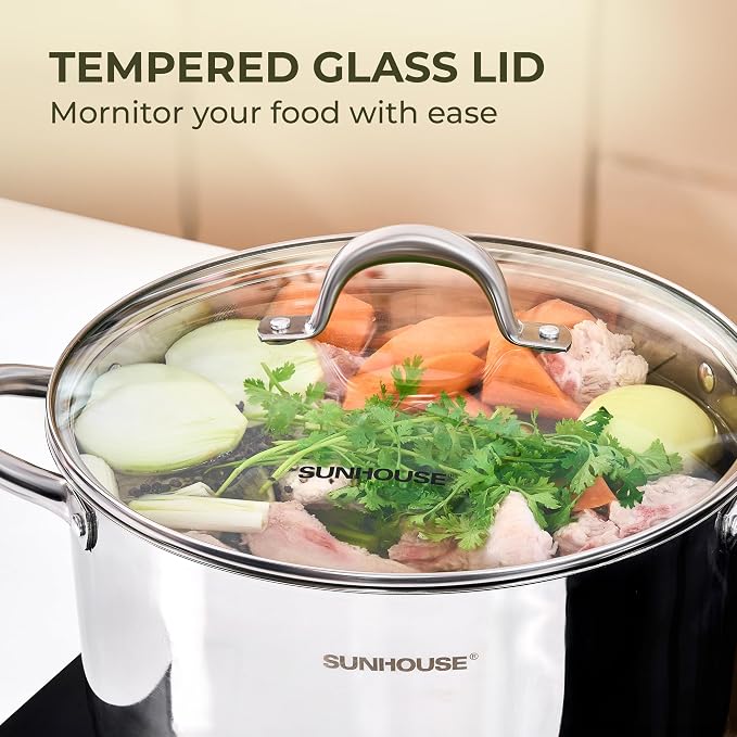 SUNHOUSE 16 Quart Stock Pot with Lid, Stainless Steel Large Pot for Cooking | 16QT Big Pots for Pasta, Soup - Stockpot for Canning, Seafood Boil with Impact Bonded Base - Oven Safe & Induction Compatible