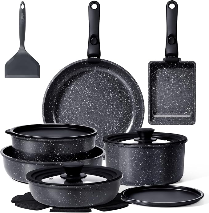 GiPP Ceramic Pots and Pans Set Non Stick, Nonstick Detachable Handle Cookware Sets, Healthy Non Toxic PFAS PFOA & PTFE Free, Dishwasher ＆Oven Safe, Induction Kitchen Pot and Pan, 17 Piece Gray