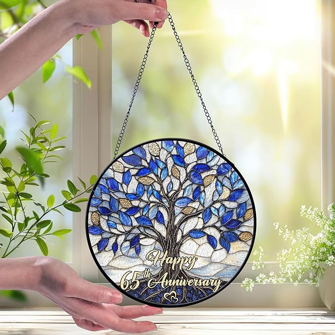 65th Wedding Anniversary Faux Stained Glass Suncatcher, 65 Years of Marrisage Keepsake Ornament, Blue Sapphire Wedding