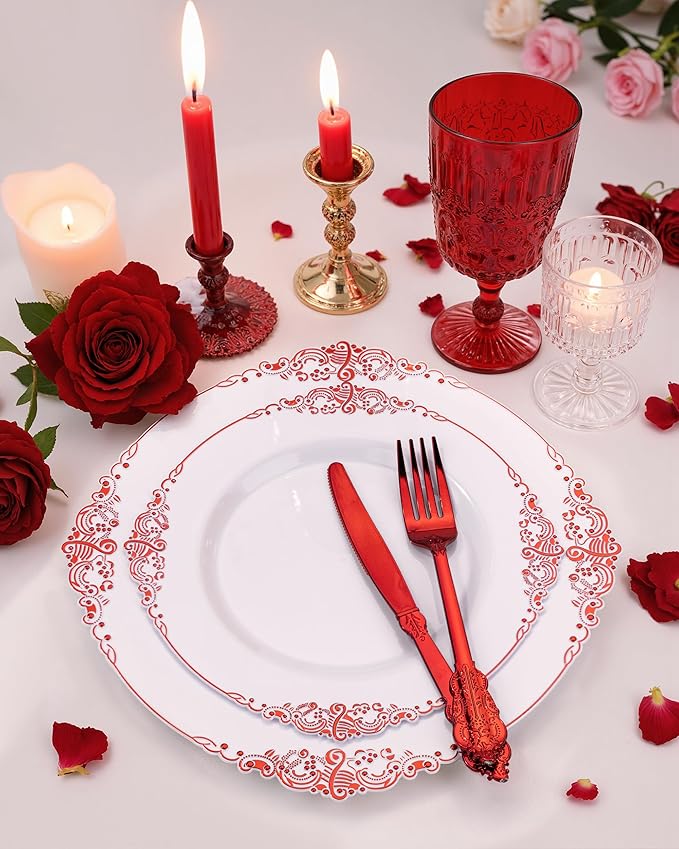 Nervure 350PCS Red Plastic Plates - White Red Plastic Dinnerware Set for 50 Guests - 100 Red Disposable Plates, 50 Pre Rolled Cutlery Set, 50 Cups Perfect for Wedding & Party & Mothers Day