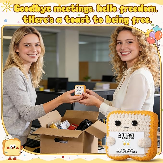 Crochet Toast “A Toast to Being Free” Plush – Funny Celebration Gifts for Woman Men Best friend Coworker “It’s Not Your Problem Anymore” Card for Leaving Workor, Retirement, Divorce, Graduation Gift