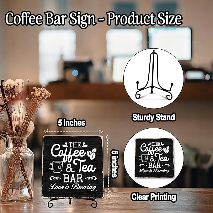 Coffee Bar Sign, Love is Brewing Farmhouse Tabletop Decor, Coffee and Tea Lover Gifts, 5x5 Wood Plaque with Iron Stand for Home Kitchen Cafe, Coffee Bar Decor – L01