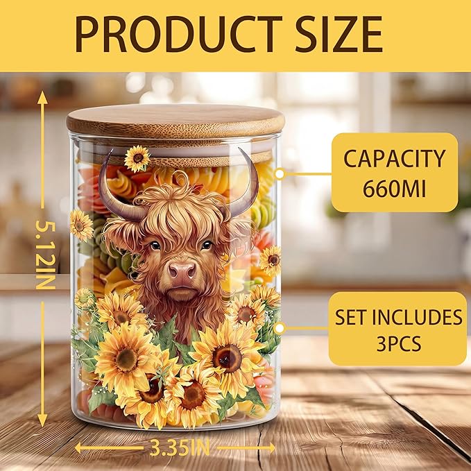Highland Cow Clear Glass Storage Jar, Airtight Food Canister for Kitchen Countertop, Coffee Tea Sugar Cookie Spice Home Kitchen Organizers, Highland Cow Sunflower Kitchen Decor 3Pack