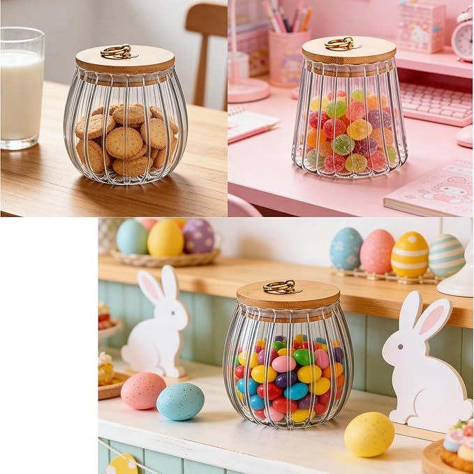 FANTESTICRYAN Small Glass Coffee Nuts Canister Airtight Storage Jar Petal Decorative Container with Bamboo Lid Metal Handle Easy to Grasp 700ml, 23 FL OZ (Set of 2)
