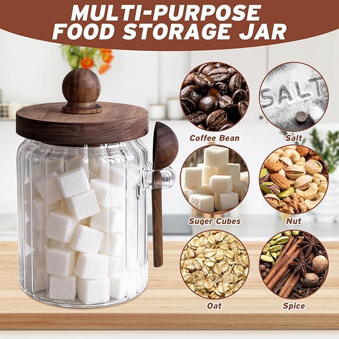Brown Sugar Saver Bowl with Lid and Spoon, Farmhouse Style Ribbed Glass Coffee canister - Food Storage Jars (20oz) with Wooden Lid for Kitchen, Coffee, Tea, Baking Supplies & Spice Dispenser (1 Pack)