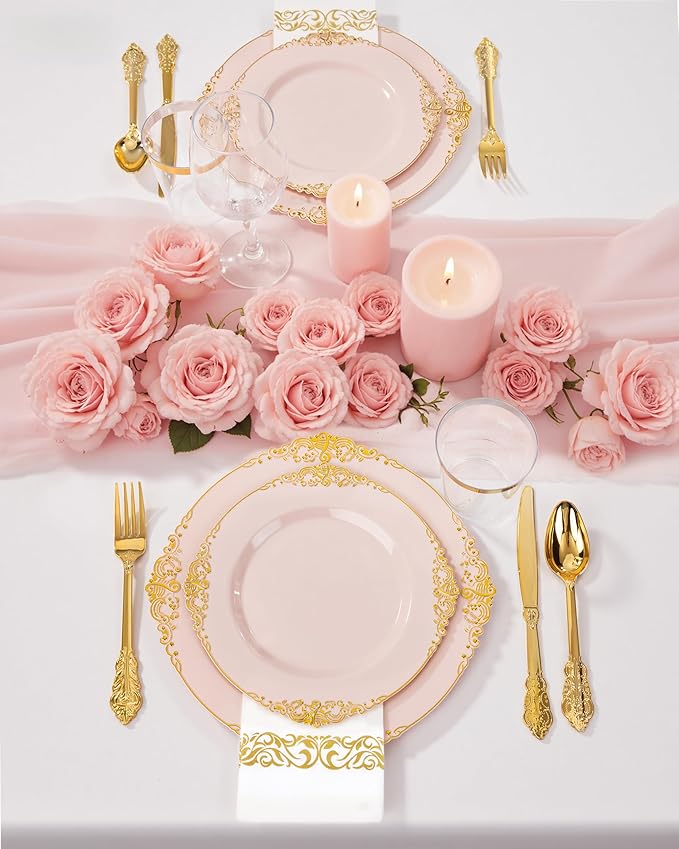 Nervure 350PCS Pink Plastic Plates - Pink Plastic Dinnerware Sets for 50 Guests - 100 Disposable Plates, 150 Gold Silverware, 50 Cups, 50 Napkins Perfect for Wedding & Party & Mothers Day