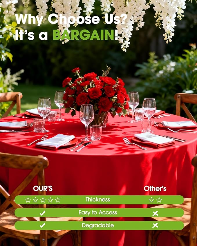 Pureegg Plastic Table Cloth Disposable 20 Pack, 84'' Round Table Cloths, Valentines Day, Thanksgiving, Christmas Decorations, Fall Tablecloths, Round, Plastic Cover, Leakproof & Sturdy, Red