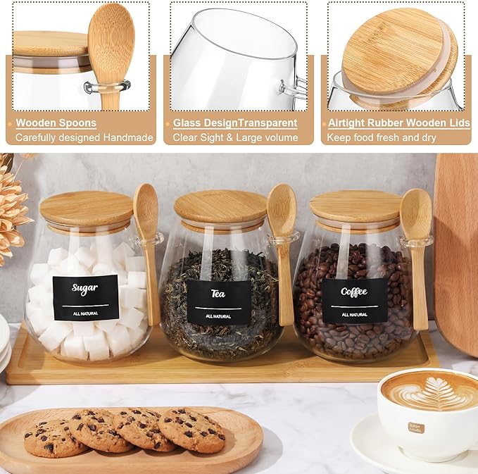 Suclain 3 Pcs Glass Coffee Container with Wooden Lid Spoon Tray Shelf Labels Clear Airtight Glass Jar Storage Container Set for Coffee Beans Tea Leaves Grains Dried Fruits Sugar Spice(38oz)