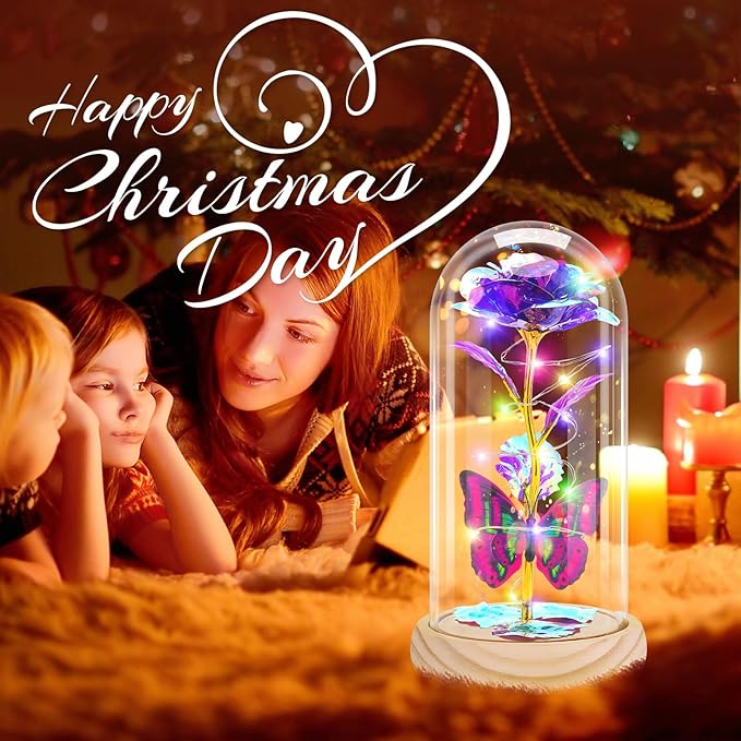 Otlonpe Preserved Forever Mothers Day Flower Gifts for Mom, Glass Rose Wood Base Colorful Light Butterfly Gifts for Women Grandma Girlfriend Wife Her, Valentines Mothers Day Christmas Birthday