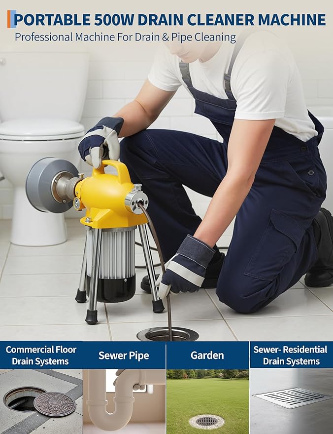 GarveeLife Electric Sewer Snake Drain Auger, Drain Cleaner Machine with 66FT x 5/8" & 16FT x 3/8" Steel Cables, 7 Cutters, 500w Power Auto Feed Pipe Snake for 3/4" to 4" Pipes for Sink Toilet Drainage