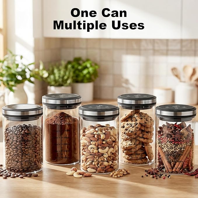GVODE 1.6L Vacuum Coffee Canister with Time Display, Airtight Coffee Canister for Coffee Beans, Ground Coffee, Spices, 4500 Hours Life, High Borosilicate Glass, Home Kitchen Food Storage Organizers