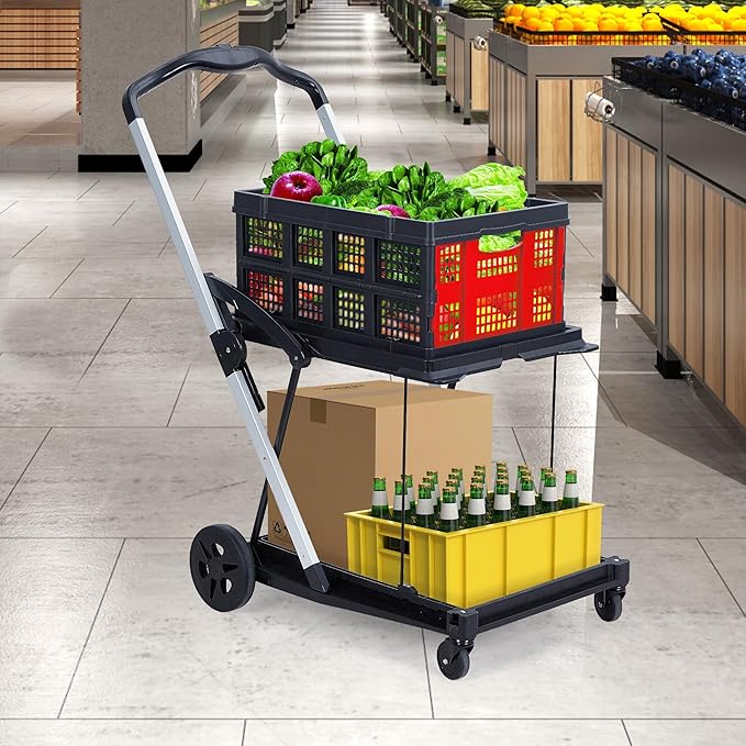 2 Tier Folding Shopping Carts for Groceries, 198 LB Capacity, Collapsible Portable Grocery Cart with Wheels & Removable Crate, Lightweight Foldable Shopping Trolley for Mall Market, Red