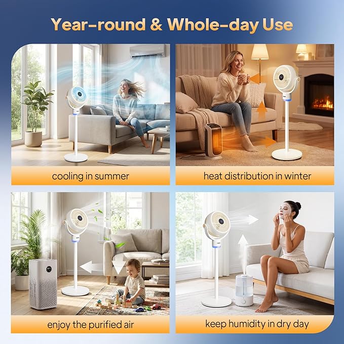 ROVSUN 3-in-1 Standing Fan for Bedroom, 40" Pedestal & Tabletop Fan, 120°+90°Omni-directional Oscillating Fan with Remote, Mood Lighting, 3 Speeds, 12H Timer and Adjustable Height, White 110V 40W