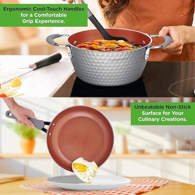 NutriChef 11 Pc Nonstick Cookware - PTFE/PFOA/PFOS Free Kitchenware Pots & Pans Set with Saucepan, Frying Pans, Cooking Pots, Lids, Utensils, Gray