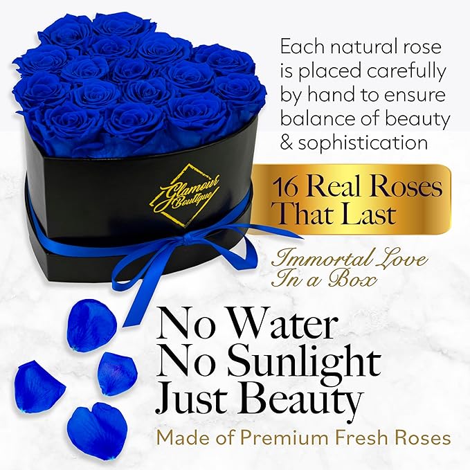 GLAMOUR BOUTIQUE 16 Flower Forever Heart Shape Box, for Mom, Eternal Preserved Roses Gift for Her, Him, Lasting Flowers Bouquet, for Birthday, Anniversary, Blue (Color-Treated)