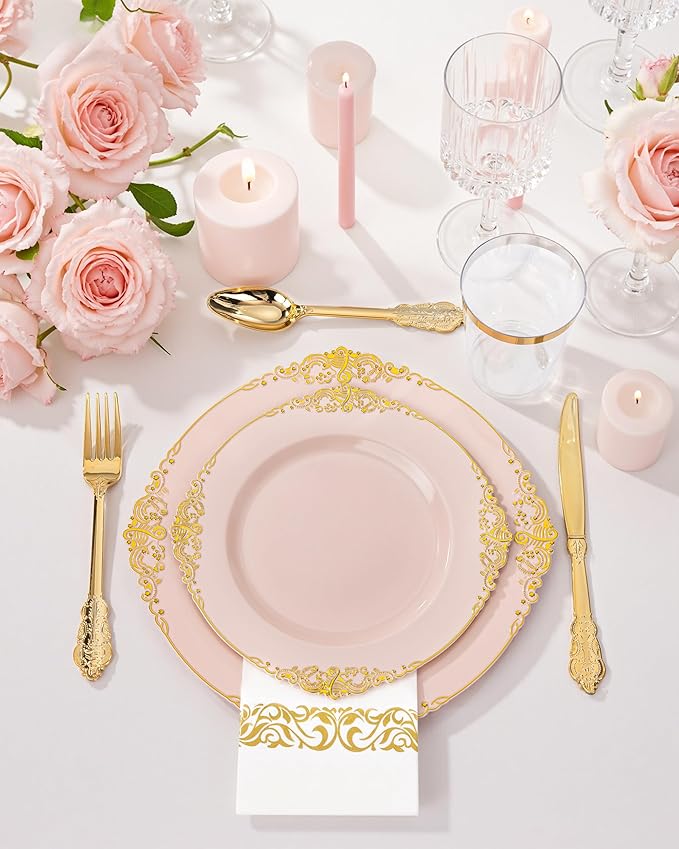 Nervure 350PCS Pink Plastic Plates - Pink Plastic Dinnerware Sets for 50 Guests - 100 Disposable Plates, 150 Gold Silverware, 50 Cups, 50 Napkins Perfect for Wedding & Party & Mothers Day