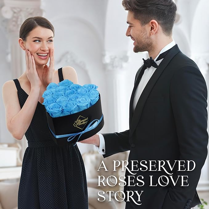 GLAMOUR BOUTIQUE 16 Flower Forever Heart Shape Box, for Mom, Eternal Preserved Roses Gift for Her, Him, Lasting Flowers Bouquet, for Birthday, Anniversary, Teal (Color-Treated)