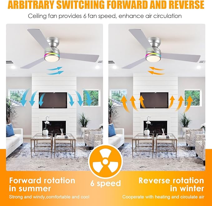 Asyko 46" Silver RGB Ceiling Fans Light,Low Profile Ceiling Fans with Lights and Remote,Modern Flush Mount Ceiling Fan Light with Quiet Reversible DC Motor for Bedroom Kids Room,Party