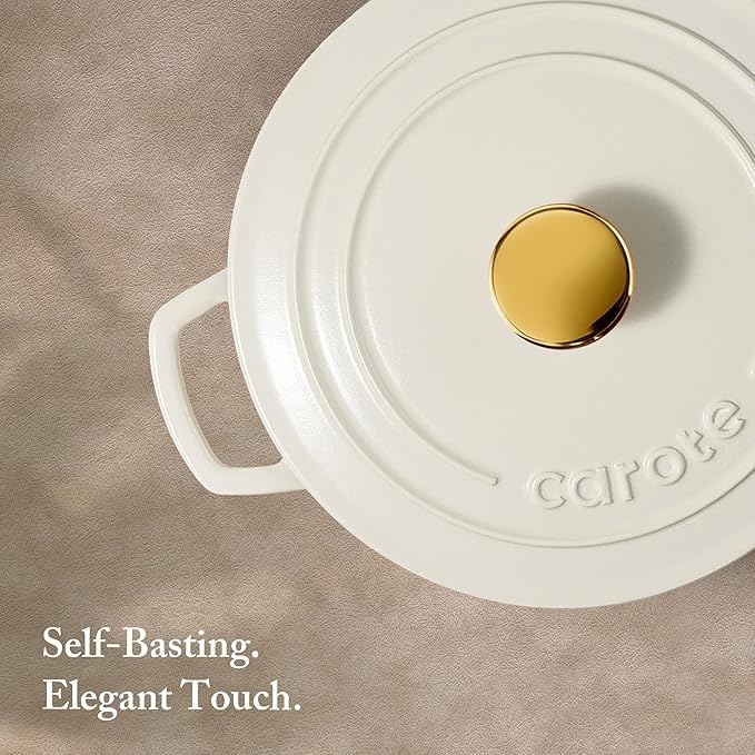 CAROTE 7QT White Enameled Cast Iron Dutch Oven Pot with Lid | Sourdough Bread Baking, Braising, Stews, Roasting, Healthy & Non-Toxic, Dual Handles, Oven Safe up to 500° F