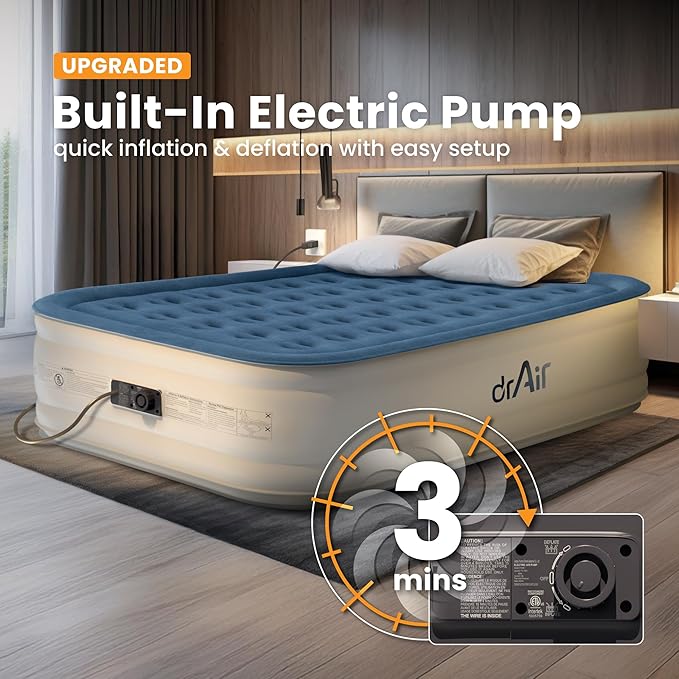 Dr. air Queen Air Mattress with Built-in Pump, 18" Raised Blow Up Mattress, 800 lbs Max Honeycomb Air Bed, 48Hr Leak-Proof Test, 3min Inflatable Mattress for Home, Guests, Camping, Colchones inflables