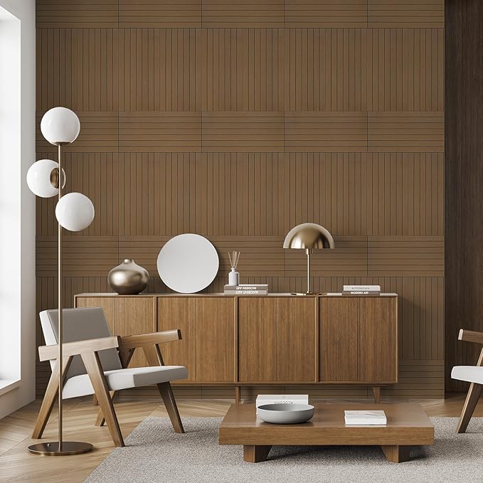 WADILE Peel and Stick Wood Slat Wall Panels 12"x24" Decorative PVC Wooden Panel Soundproof Self-Adhesive for Living Room Bedroom Accent Wall (Not Real Wood)– 10 Pack