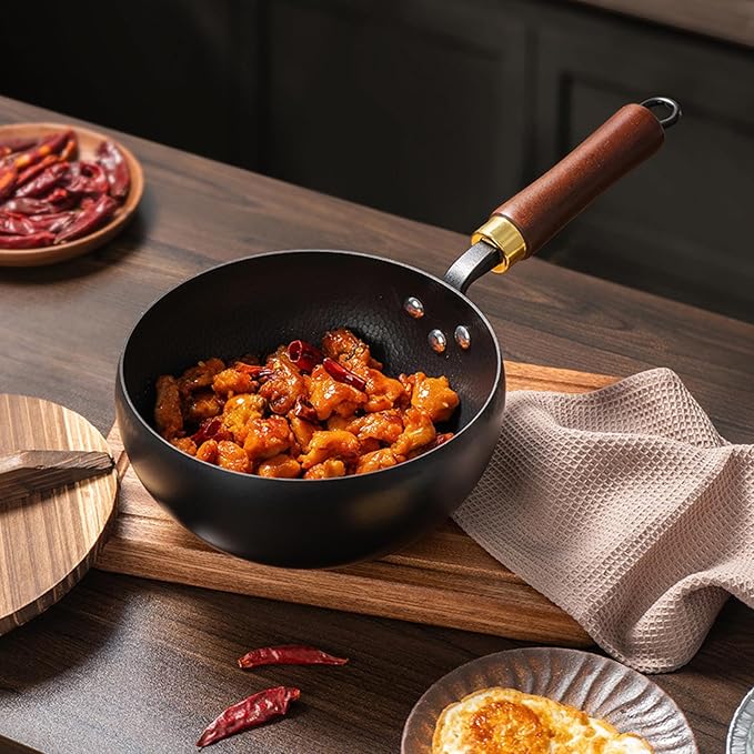 Frying pan Carbon Steel Wok Pan Skillet, Nonstick Stir Fry Pan with Lid and Wooden Handle, Multi-Functional Cooking Pan for Gas Stoves,24cm/9.5in(24cm/9.5in)