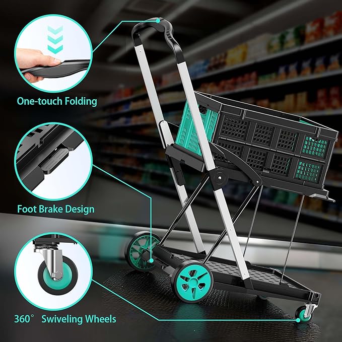 SILVEL 8-in-1 Collapsible Shopping Cart, 200LBS Portable Multi Functional Rolling Crate with 1 Storage Cart,Adjustable Handle Folding Grocery Cart on Wheels for Warehouse, Office, Supermarket, Teal