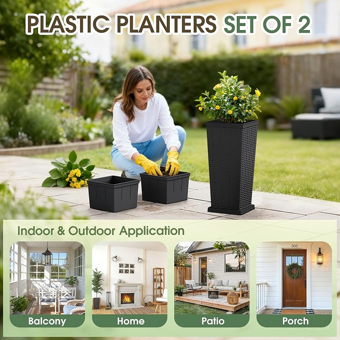 Set of 2 24 Inch Tall Plastic Planters with Drainage Saucers, Rattan Pattern UV Resistant Indoor Outdoor Flower Pots for Patio Garden Balcony Decor, Black