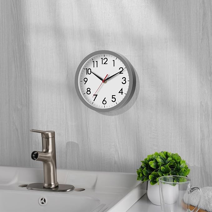AKCISOT 8 Inch Wall Clock, Battery Operated Analog Clock, Silent Non-Ticking, Ideal for Bedroom, Bathroom, Kitchen, Office and School, Gray