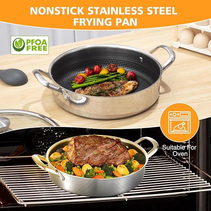 Toutrop 6 QT Hybrid Nonstick Saute Pan with Lid,Tri-Ply Stainless Steel 12.5Inch Frying Pan Cookware,Induction Skillet,Dishwasher & Oven Safe