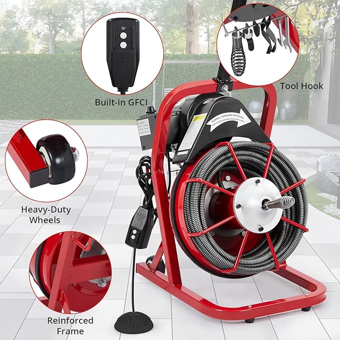Patikuin 75FT x 3/8 Inch Electric Drain Cleaner Machine, Auto Feed Sewer Snake Auger with Motor, 4 Cutters & Air Foot Switch, for 1-4 Inch Pipes, Toilets, Sinks, and Floor Drains