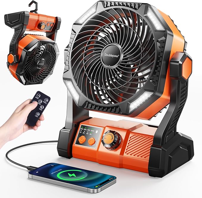 Camping Fan, 20000mAh Rechargeable Battery Powered Outdoor Tent Fan with Light and Hook, 6 Speed, Personal USB Desk Fan for Camping, Fishing, Hurricane, Power Outage Essentials
