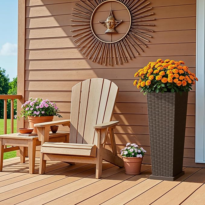 Devoko Resin Tall Planters for Outdoor Plants Set of 2, Large Taper Outdoor Planter Pots with 4 Drainage Holes, Flower Pots Modern Decor for Porch, Patio, Backyard, Garden(Brown, 32" with Trays)