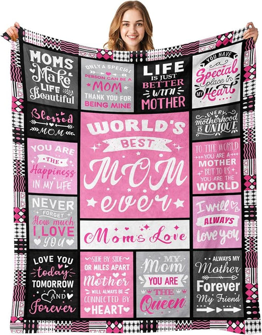 Moms Mothers Day Birthday Gifts from Daughter Son - Blanket Gifts for Mom - World's Best Mom Ever Gifts - Christmas Valentines Day Birthday Present for Moms - Mother Life Blanket 50"x60"