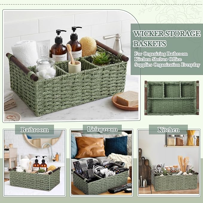 Remerry Sage Green Bathroom Countertop Organizer Caddy, Wicker-Like Divided Basket with Handle and Metal Frame, 4 Compartment, Paper Rope Storage Organizer for Vanity Kitchen (15.35 x 10.24 x 6.3 in)