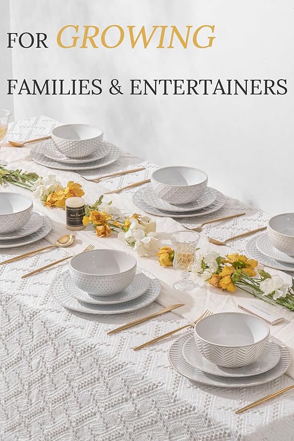FOBENTA 18 Piece Embossed Dinnerware Sets for 6, Scratch-Resistant Plates and Bowls Sets, Microwave & Dishwasher Safe, Elegant Stoneware for Family Gatherings – A Gift for Growing Households
