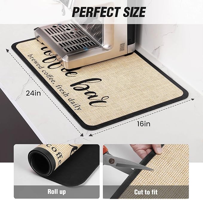 DK177 Coffee Mat - Dish Drying Mat for Kitchen Counter, Hide Stain, Absorbent with Waterproof Rubber Backing, Fit Kitchen Dish Rack Bar Accessories (Christmas Red, 31.5" x 17")