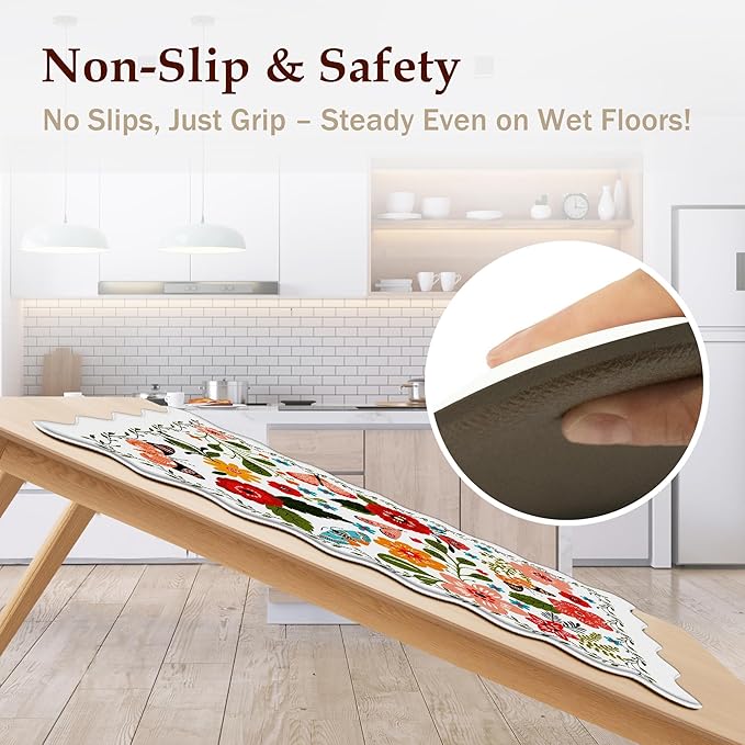 Arenarug Scalloped Kitchen Mats for Floor Cushioned Anti Fatigue Kitchen Mats Rugs Waterproof Non Slip Farmhouse Boho Floral Comfort Foam Standing Mat for Sink Laundry, White, 17.3x30