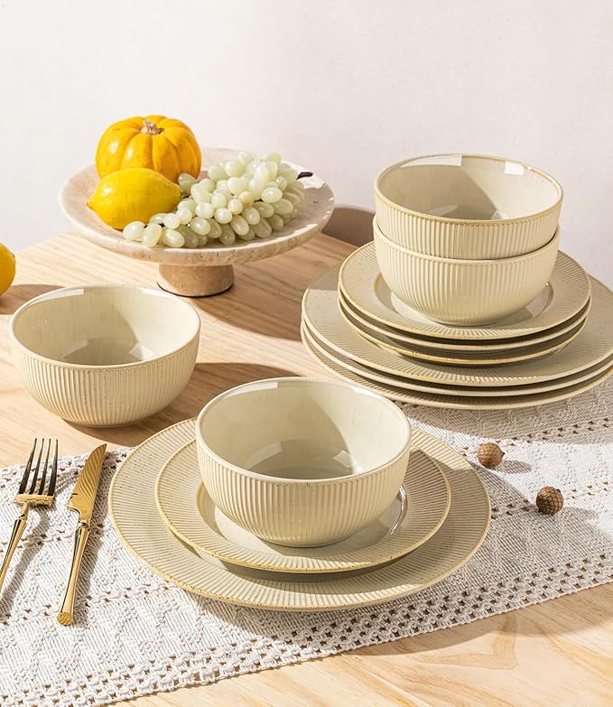 TheTerra Stoneware Dinnerware Sets for 6, 18 Pieces Ceramic Plates and Bowls Sets, Scratch Resistant Embossed Dish Set, Oven, Microwave & Dishwasher Safe, Oatmeal