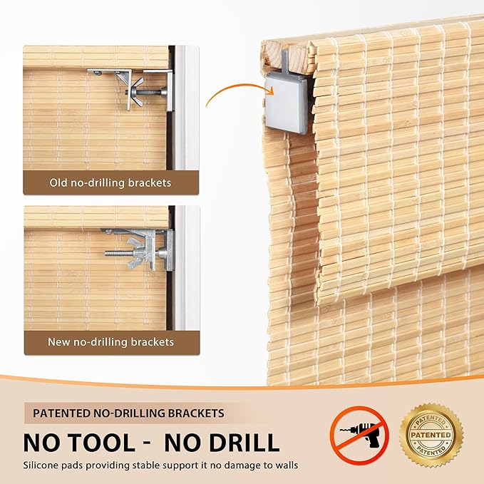 LazBlinds No Tools No Drill Cordless Bamboo Roman Shades, Privacy Window Treatment, Roll Up Bamboo Blinds for Windows 30'' W x 64'' H, Natural