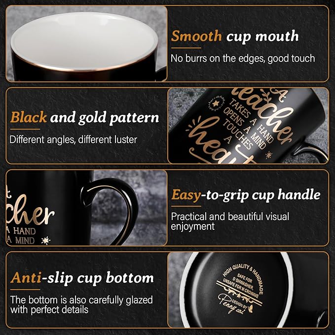 Best Teacher Appreciation Gifts for Men Women, 14oz Unique Black Ceramic Teacher Coffee Mug with Gold Print, Valentine Presents for Teachers Graduation Retirement, with Lid Spoon Card, Nice Gift Boxed