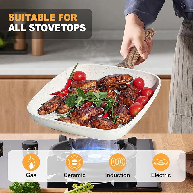 NEWBULIG 3-Piece Nonstick Grill Pan Set, Square Griddle Pans with Wooden Handles, Induction Cooktop Compatible, Nonstick Cookware for Steak, BBQ, Vegetables, Cream White (9.5", 10.2", 11")