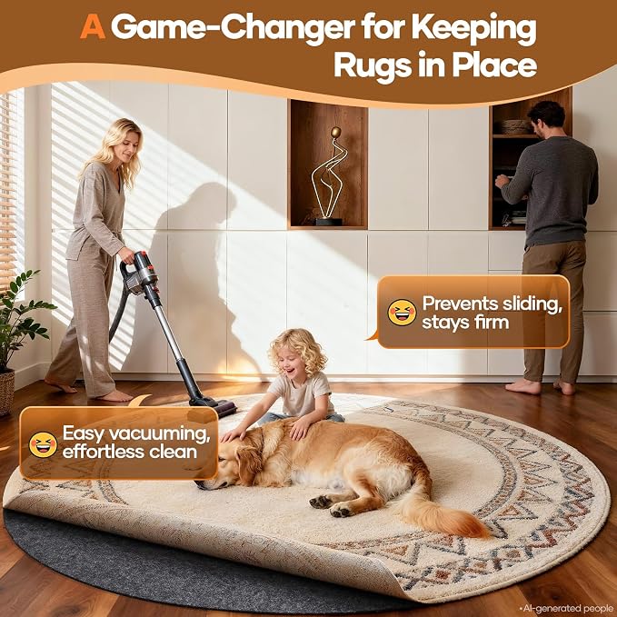 Veken 5 Ft Round Non Slip Cushioned Rug Pad Gripper, Felt and Silicone Backing, 1/4 inch Thick, Carpet Liner Protector Mat for Area Rugs and Hardwood Floors, with Over 99 Pcs Anti-Slip Strips Pattern